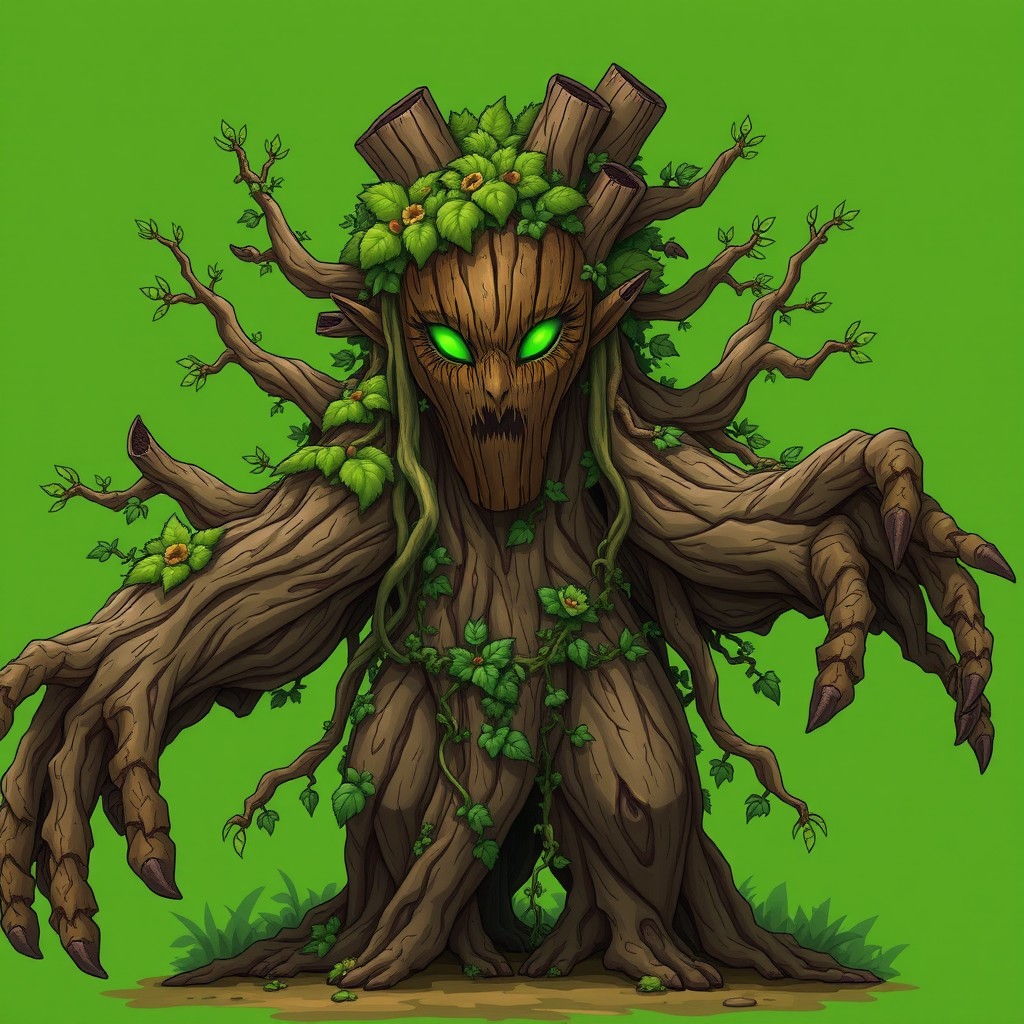 Anime-style forest guardian from a non-human race made entirely of bark, moss, vines, and roots, designed to appear as if she has grown directly out of a tree