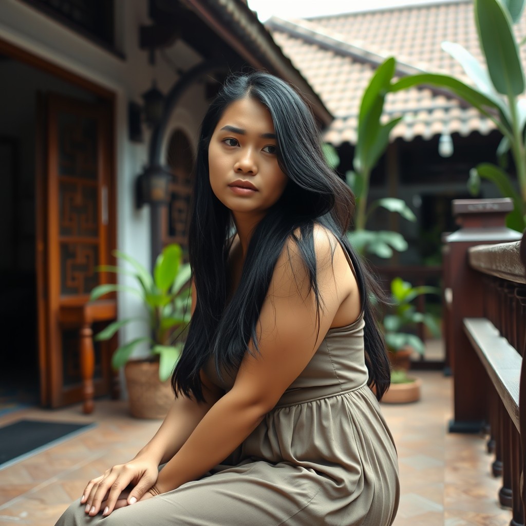 A beautiful 30-year-old Jakarta woman with a curvy, voluptuous figure, long black hair, wearing a sleeveless dress, looking sad while sitting on the terrace of a traditional Indonesian house, facing the camera
