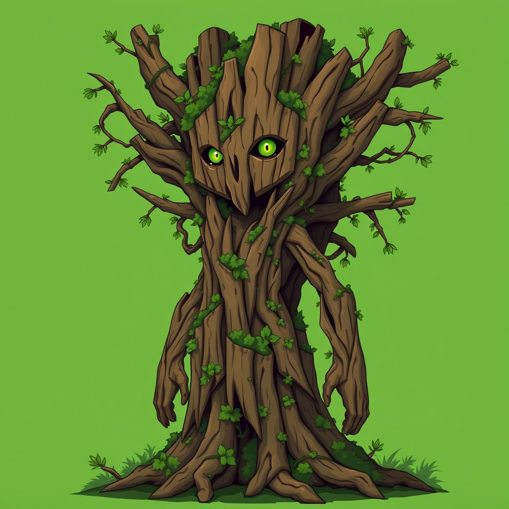 Anime-style forest guardian from a non-human race crafted entirely from bark, moss, vines, and roots, appearing as if she has emerged directly from a tree trunk