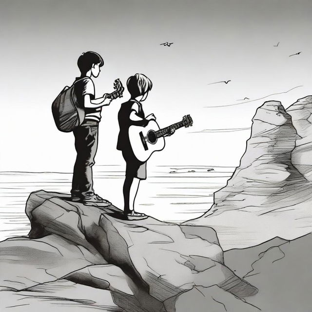 Using drawing technique, depict a boy standing with a guitar, looking at a side-profile girl on a rocky cliff during sunset. The image transitions from full color to black and white.