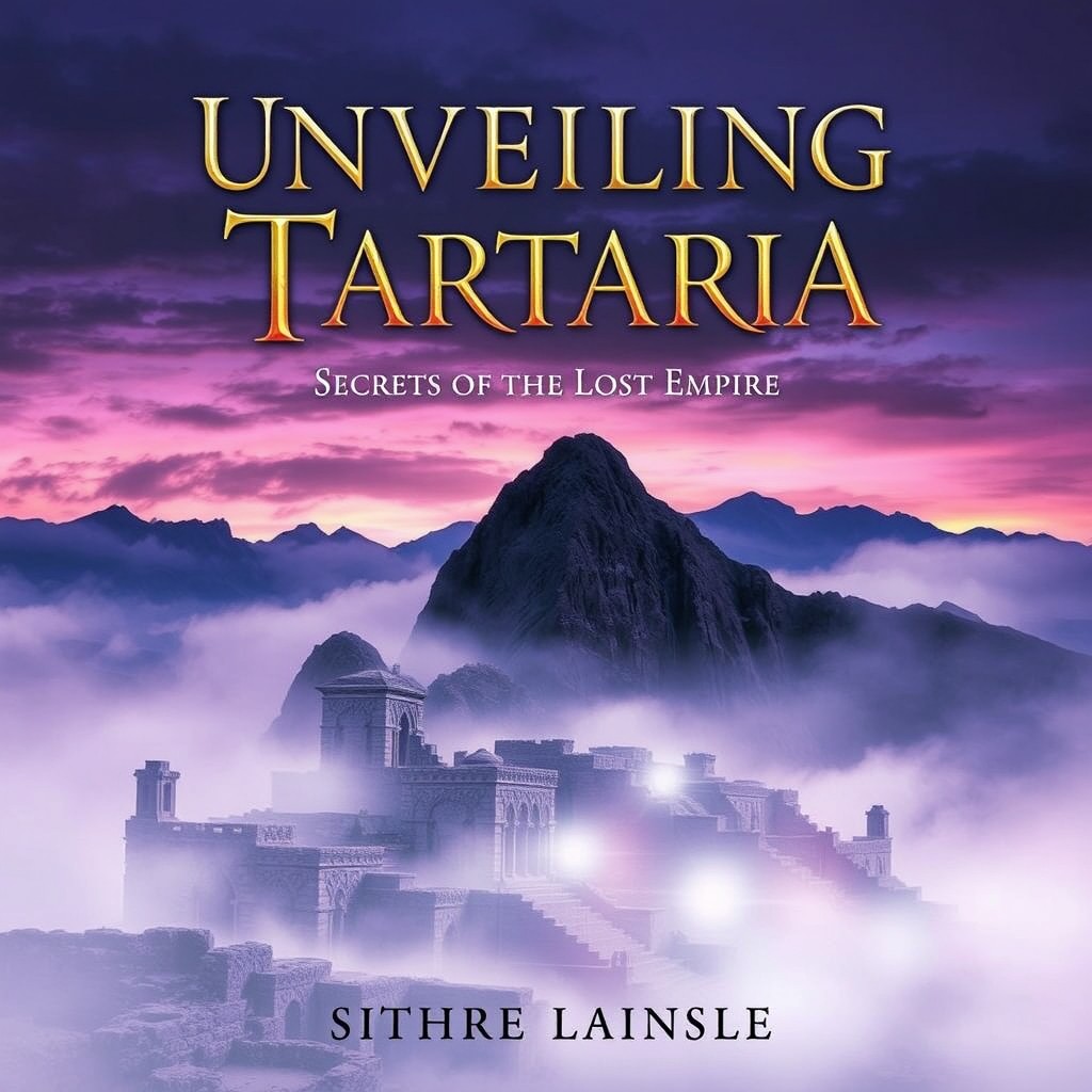 A dramatic and atmospheric book cover for 'Unveiling Tartaria: Secrets of the Lost Empire', featuring an ancient, mythical landscape shrouded in mist
