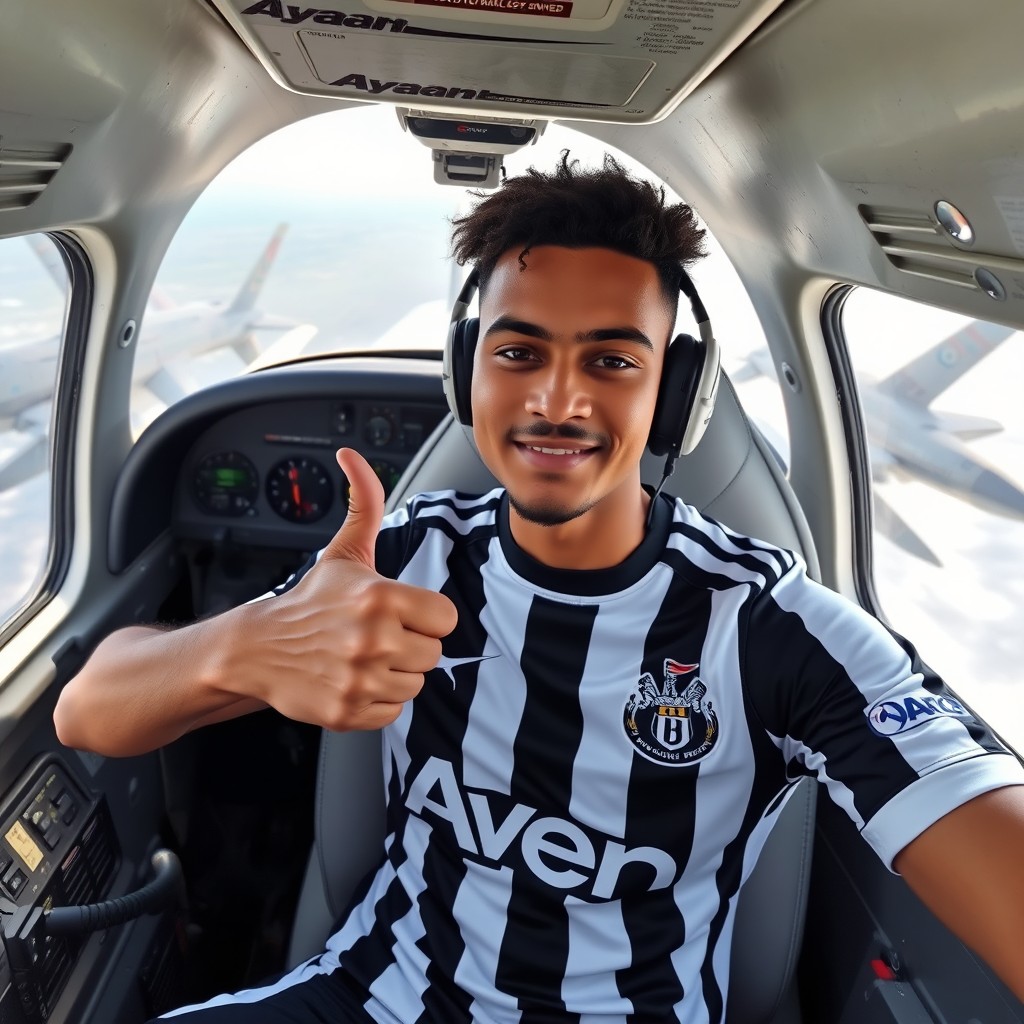 A Newcastle United football player wearing the team's black and white striped kit, confidently posing with a thumb up inside an aircraft named 'Ayaan'