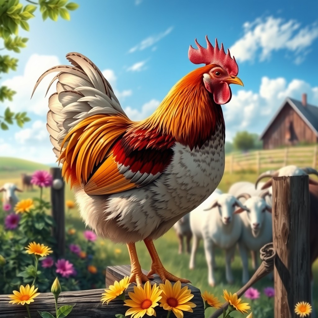 A realistic depiction of a beautiful hen in a vibrant farm setting, showcasing its intricate feather details with a rich palette of colors, surrounded by lush greenery and bright flowers in bloom