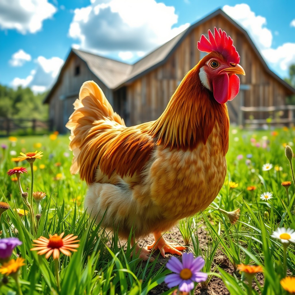 A vibrant farm scene featuring a friendly hen with fluffy feathers, pecking the ground among green grass and colorful wildflowers