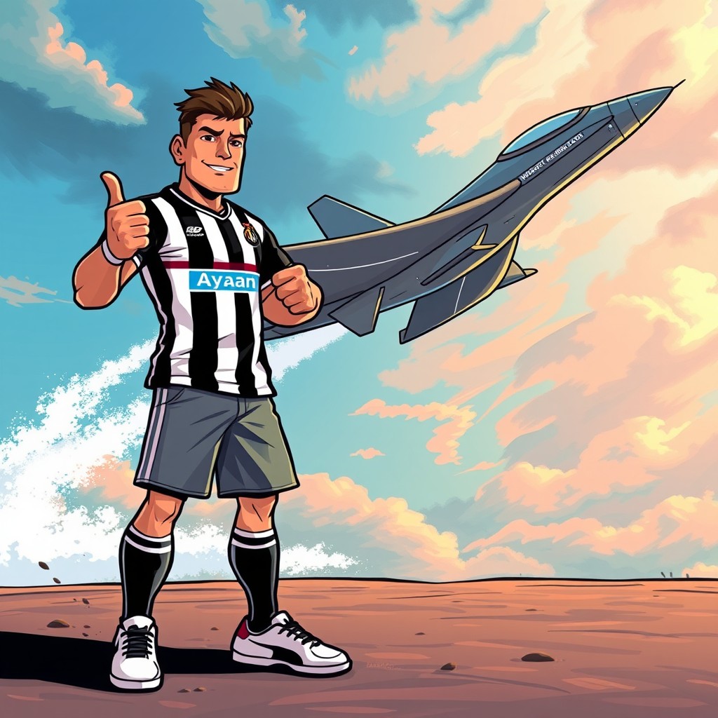 A stylized depiction of a Newcastle player wearing their iconic black and white striped jersey, confidently standing on the ground with a thumb up