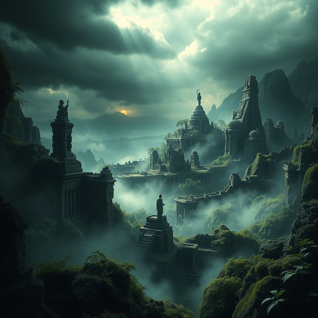 A dramatic and atmospheric book cover depicting a mysterious, ancient world