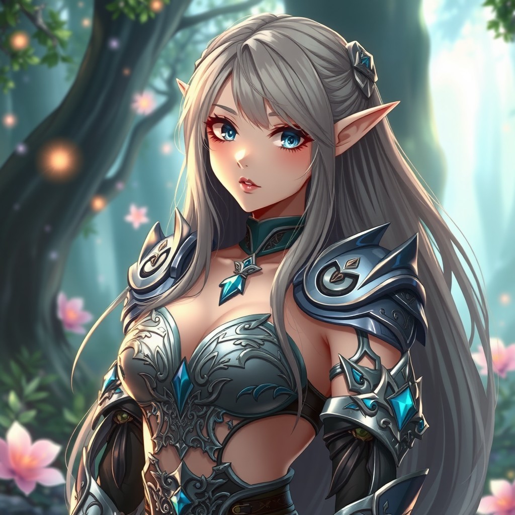 An anime elf character wearing revealing armor that offers minimal coverage, designed with intricate details and a fantasy aesthetic