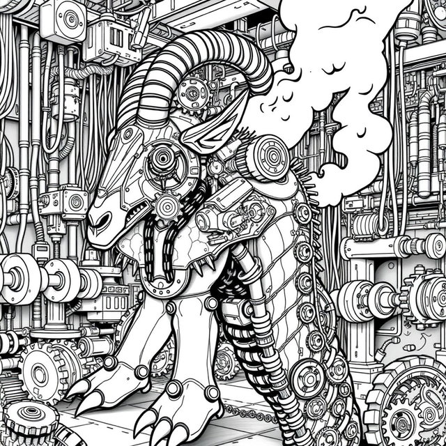 A black and white coloring page featuring a monstrous steampunk creature