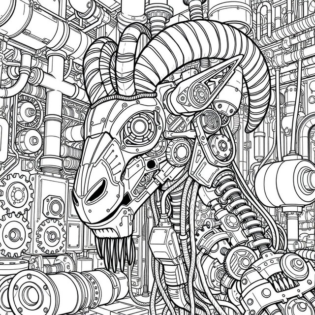 A black and white coloring page featuring a monstrous steampunk creature in close-up view