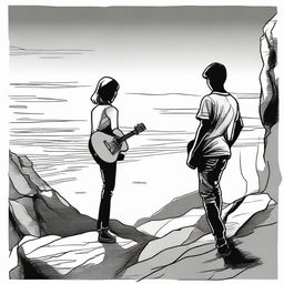 Using drawing technique, depict a boy standing with a guitar, looking at a side-profile girl on a rocky cliff during sunset. The image transitions from full color to black and white.