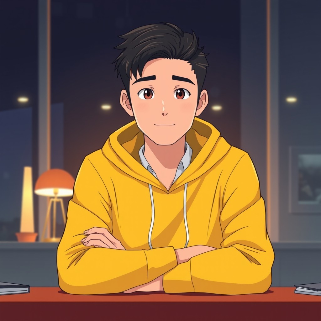 An anime friendly looking male business character sitting in his office at night, wearing a bright yellow hoodie