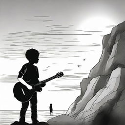 Using drawing technique, depict a boy standing with a guitar, looking at a side-profile girl on a rocky cliff during sunset. The image transitions from full color to black and white.