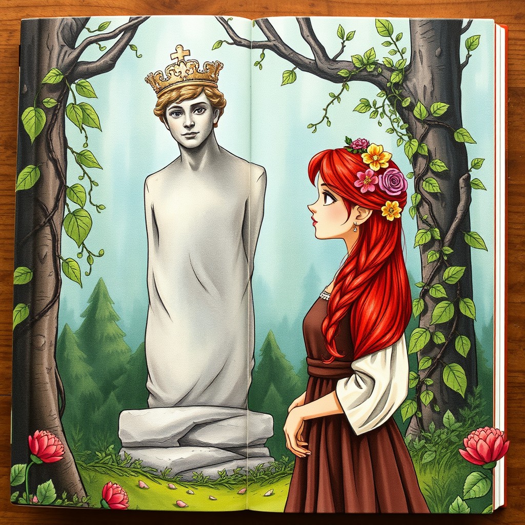 A book cover featuring a beautiful red-haired peasant woman standing in an enchanting forest