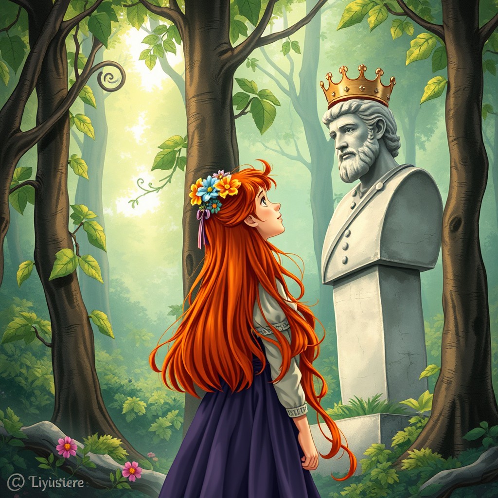 A book cover illustration featuring a red-haired peasant woman standing in a lush forest