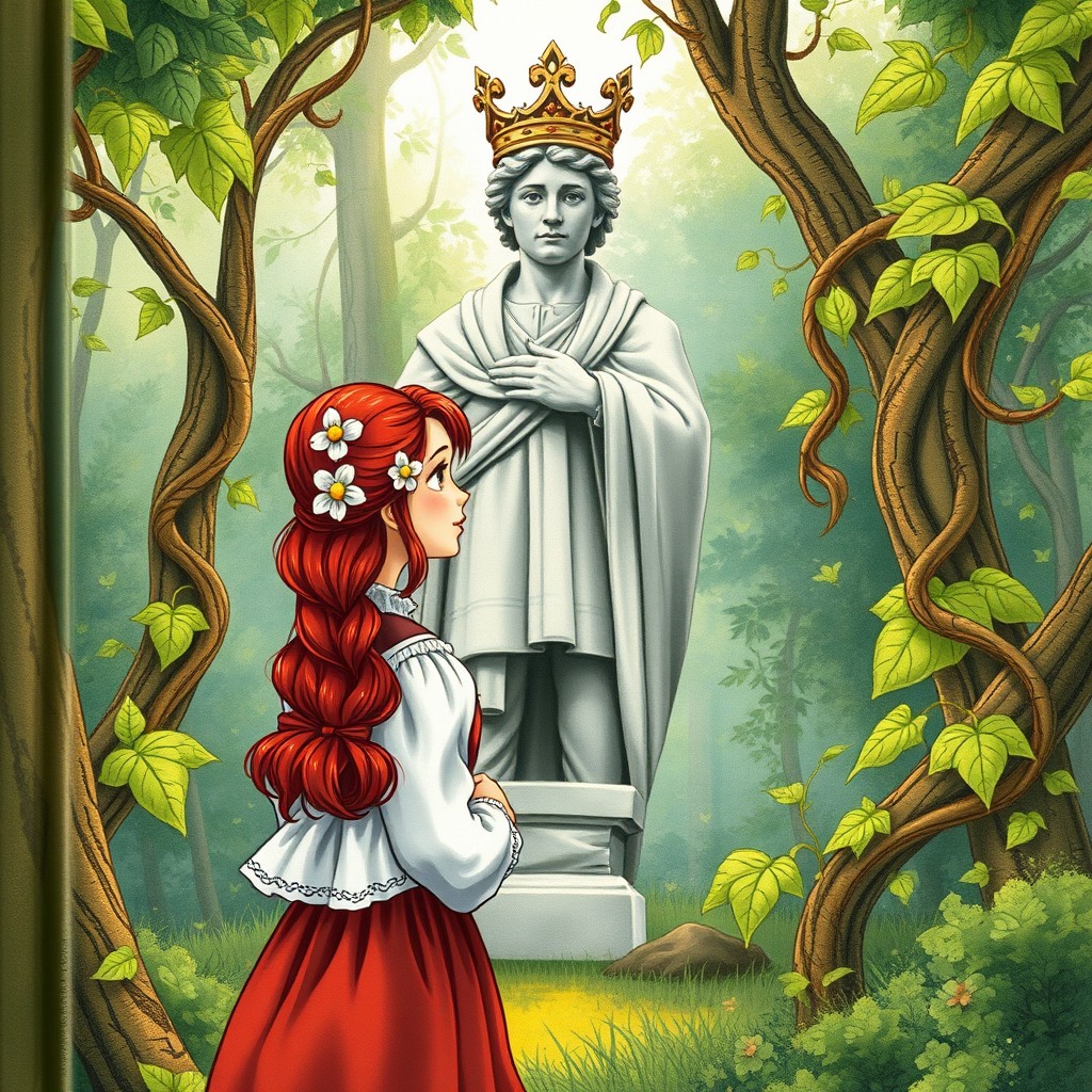 A book cover featuring a red-haired peasant woman standing in a lush forest, wearing period-appropriate clothing