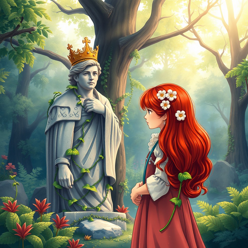 A book cover illustration featuring a red-haired peasant woman standing in a lush forest