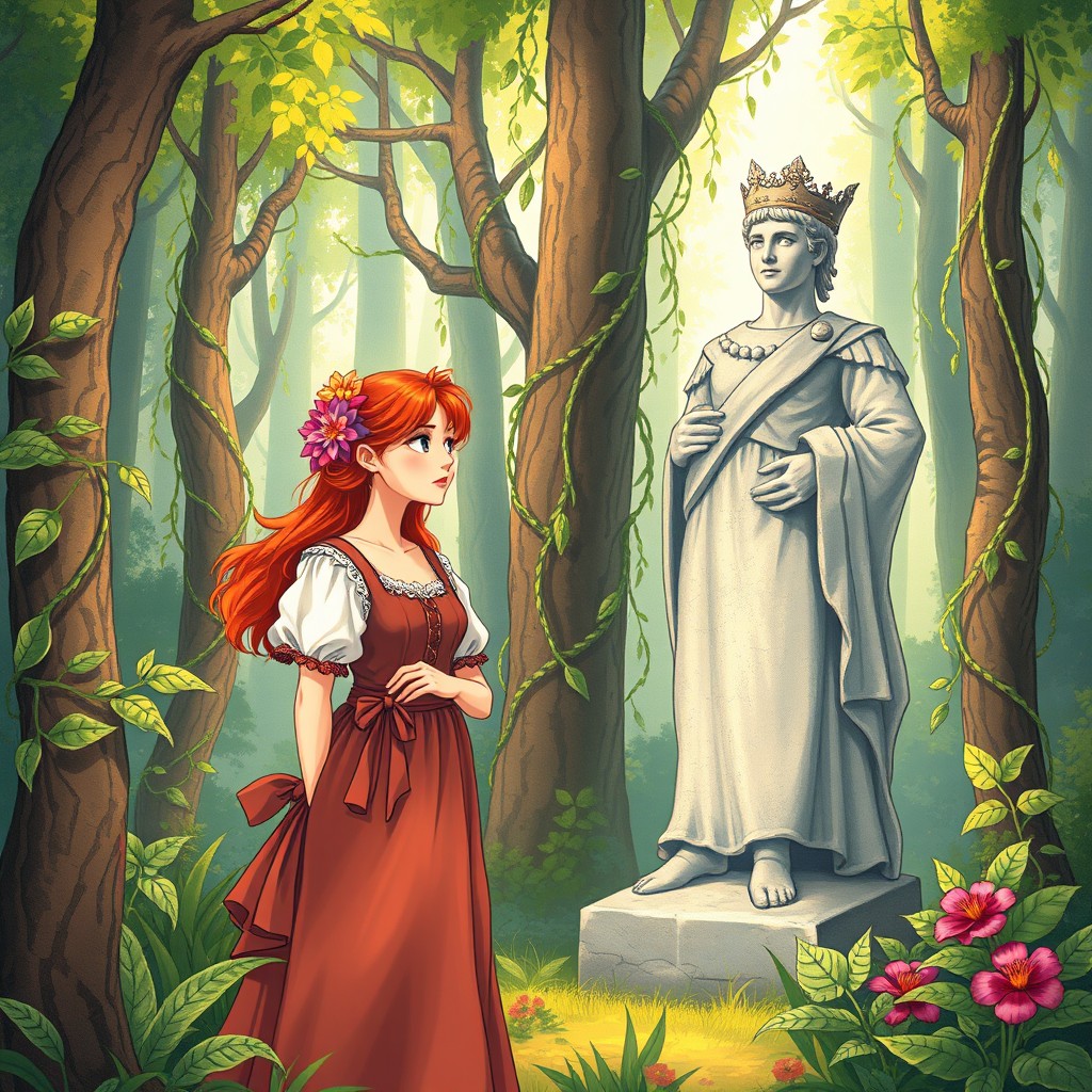 A book cover illustration featuring a red-haired peasant woman standing in a lush forest, alongside a full-length stone statue of a handsome young prince