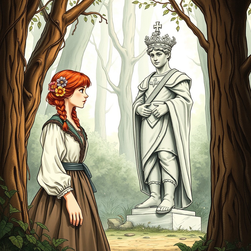 An antique-style illustration for a book cover featuring a red-haired peasant woman standing in a mystical forest