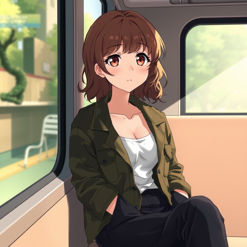 An anime style illustration of a teenage girl sitting by the window of a bus, her expression thoughtful as she gazes outside
