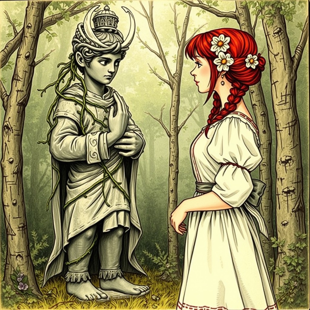 An antique-style illustration depicting a young adult woman with vibrant red hair adorned with three decorative flowers, embodying the charm of a peasant girl