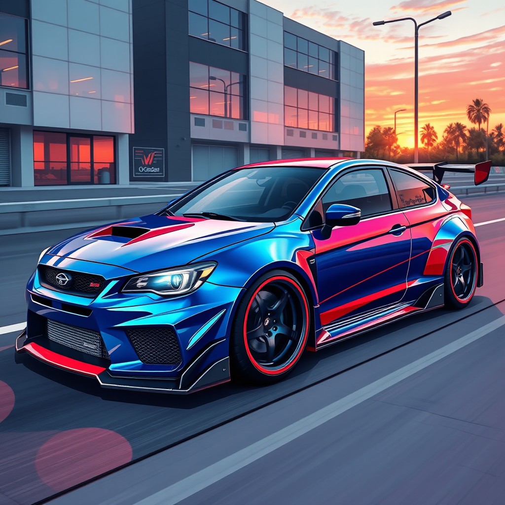 A highly detailed and visually striking illustration of a fully tuned car, showcasing a sleek body design with aerodynamic curves