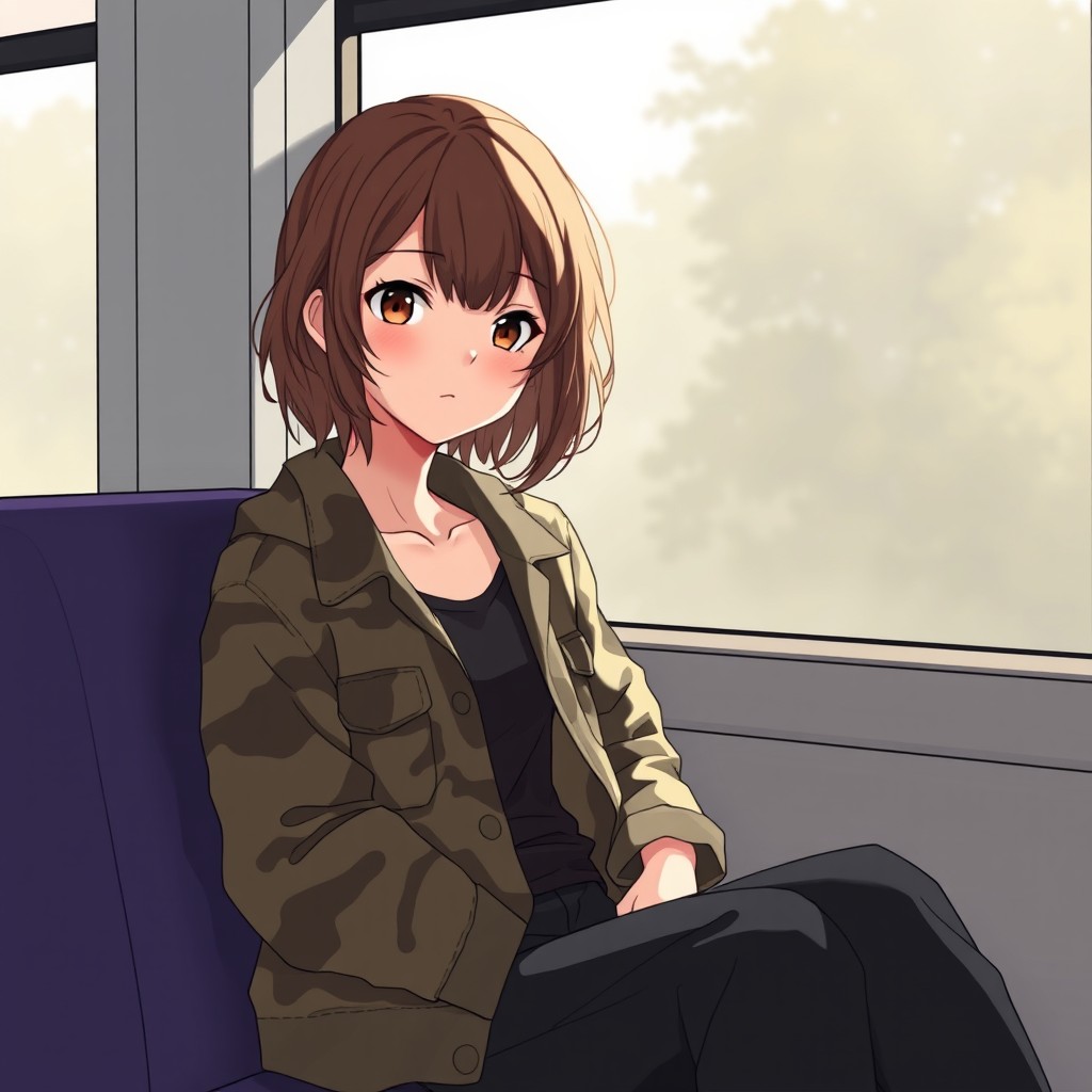 An anime style illustration of a teenage girl sitting alone in a bus by the window, her expression thoughtful and introspective