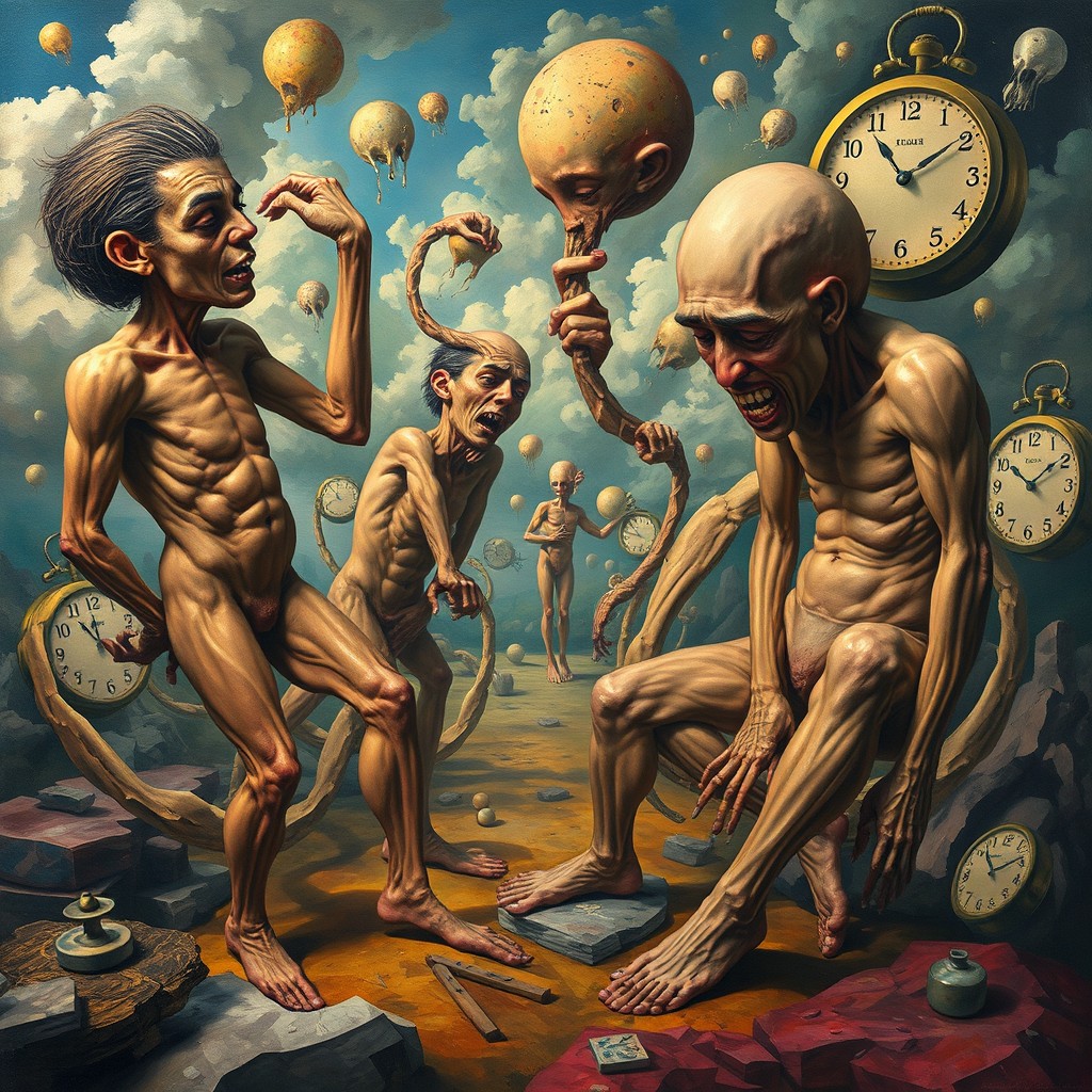 A surreal interpretation of human distortion, featuring twisted human figures merging with abstract elements, showcasing exaggerated limbs and contorted faces in a dreamlike landscape