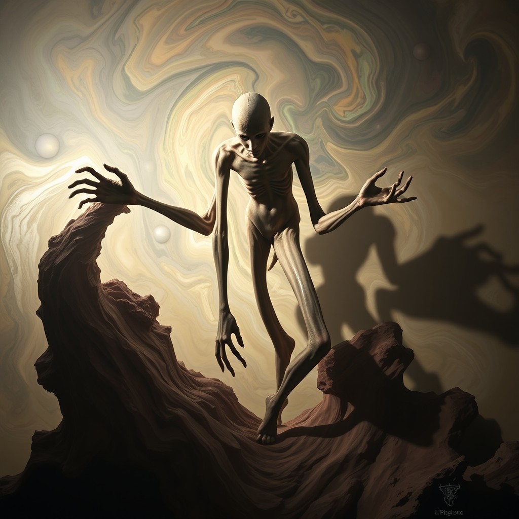 A surreal scene depicting human distortion, showcasing a figure with elongated limbs and exaggerated facial features, immersed in an abstract environment