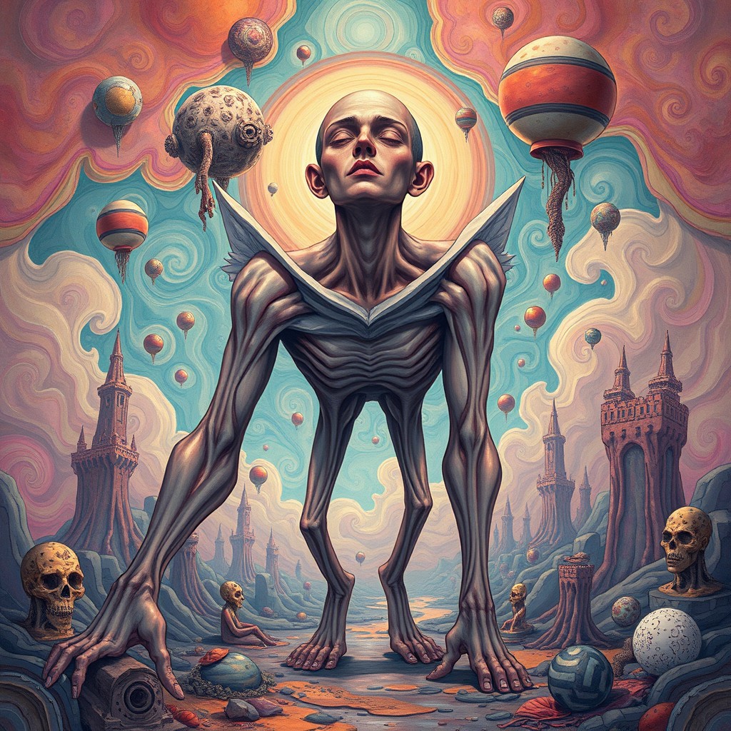 A surreal illustration representing human distortion, featuring elongated limbs, exaggerated facial features, and abstract forms that blend human characteristics with dreamlike elements