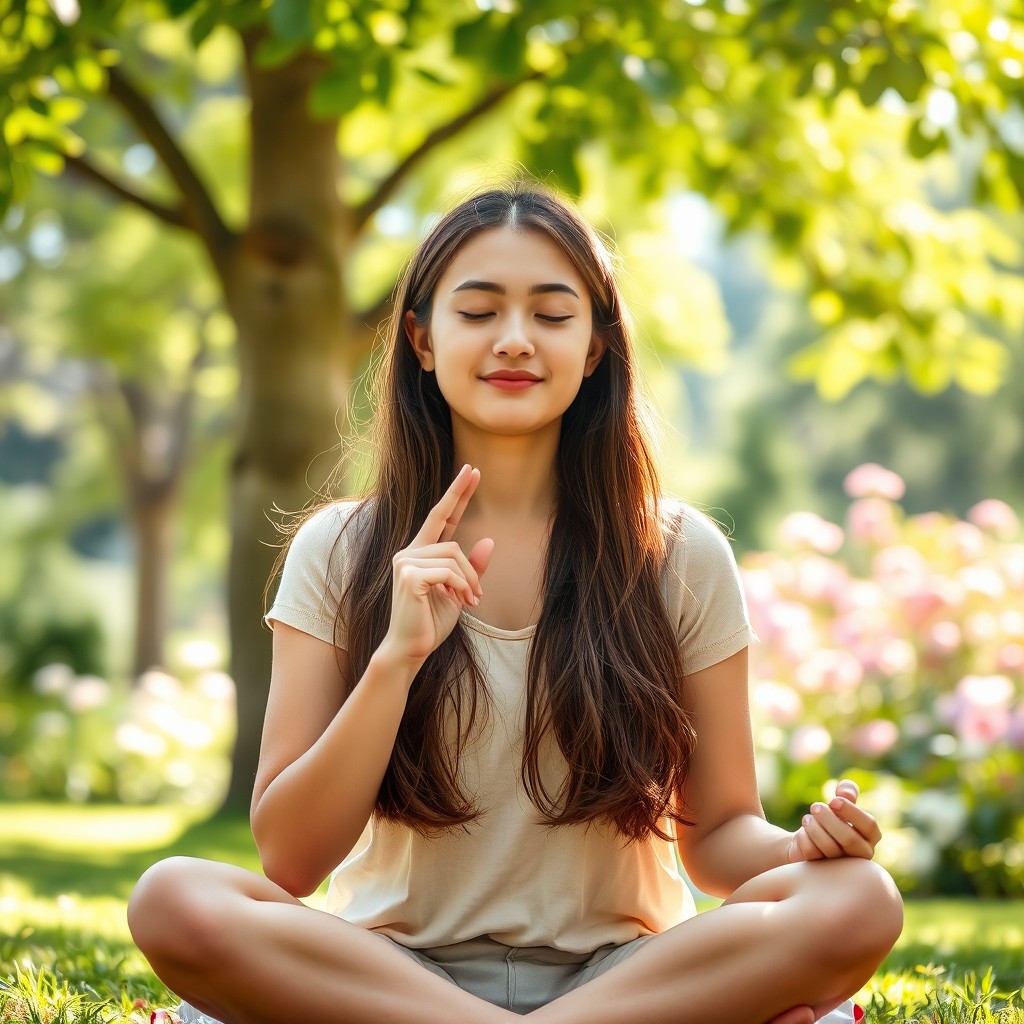 Mia, a young woman with long brown hair cascading over her shoulders, is sitting cross-legged in a peaceful, serene environment