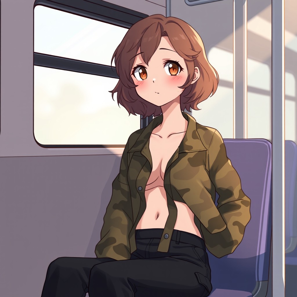 A parodic anime style illustration of a young woman with a childlike face but adult female proportions, standing at about 160 cm tall with a slim build
