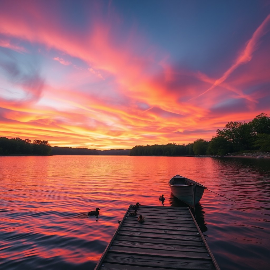 A tranquil sunset over a serene lake, where the sky is painted in vibrant hues of orange, pink, and purple
