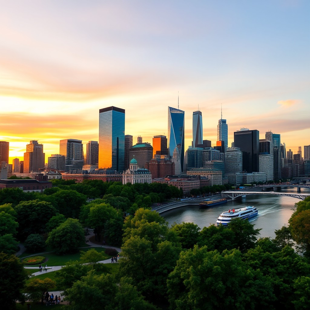 A cosmopolitan city skyline at sunset, featuring a blend of modern skyscrapers and historical buildings