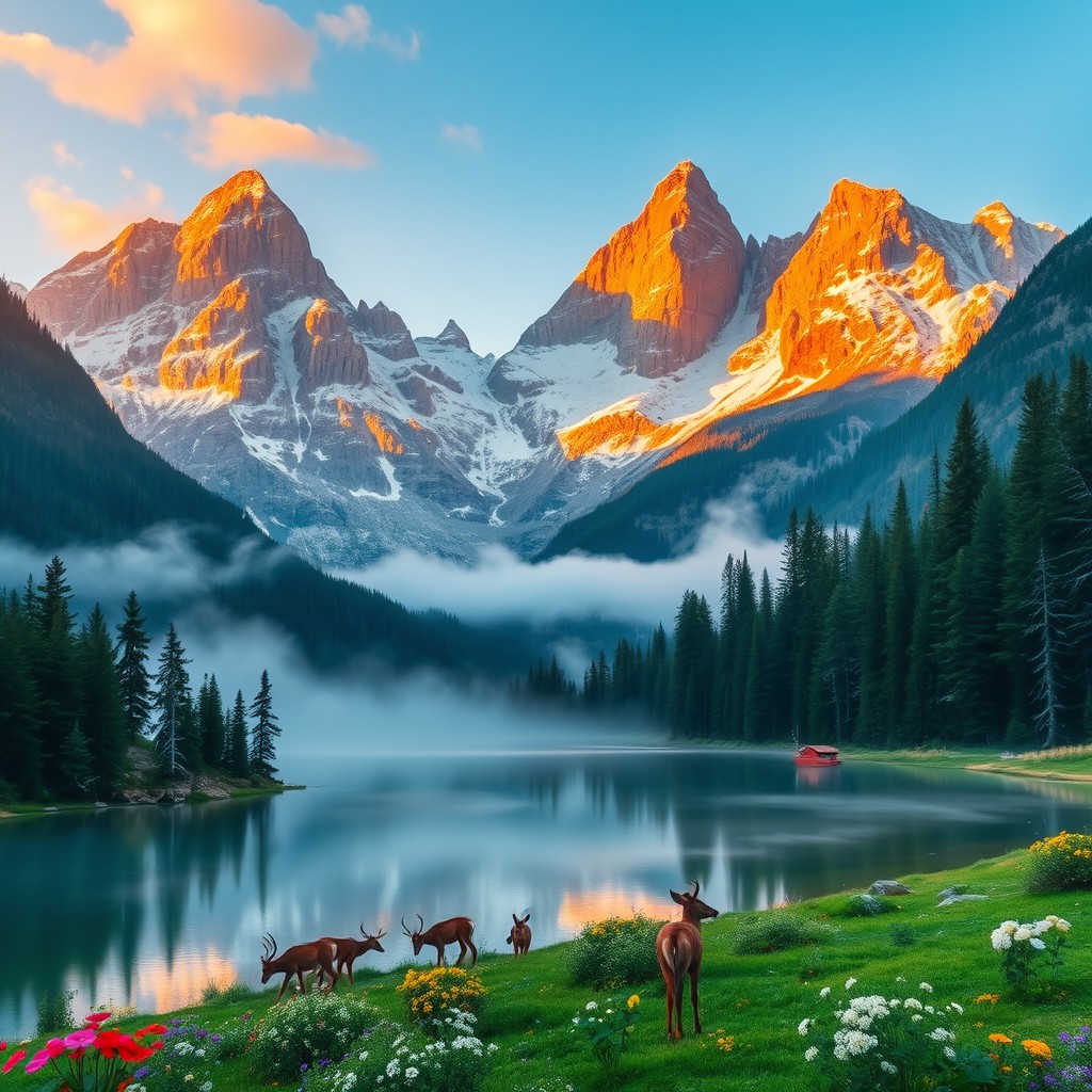 A serene mountain landscape at sunrise, showcasing majestic peaks with a golden hue reflecting off the snow