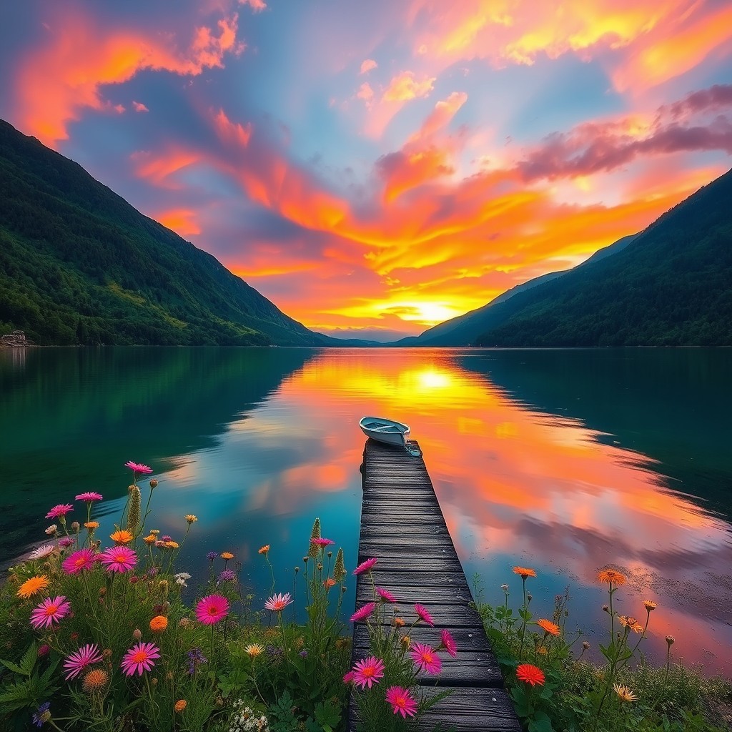 A beautifully serene landscape featuring a tranquil lake surrounded by lush green mountains during a vibrant sunset