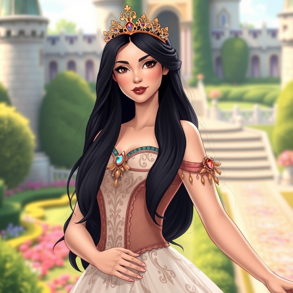 A beautiful 22-year-old princess with long, flowing black hair, standing at 5 feet 3 inches tall
