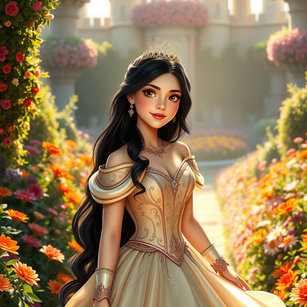 A beautiful princess with long black hair, 22 years old, standing at a height of 5 feet 3 inches