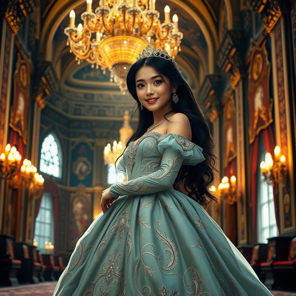 A beautiful princess with long black hair, aged 22, standing at 5 feet 3 inches tall