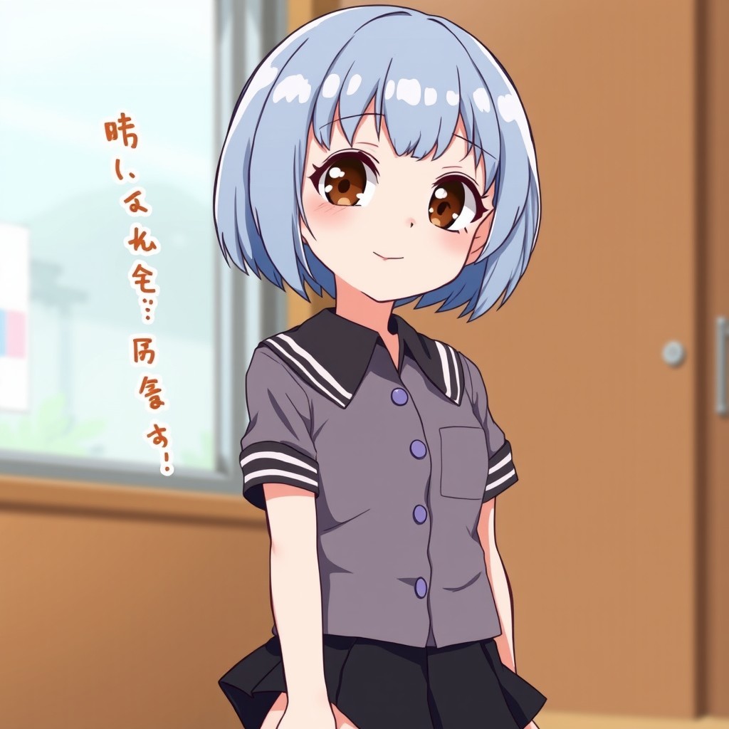 An anime style illustration of a petite girl with blue bob-cut hair, pale skin, and brown eyes, measuring around 150 cm in height with a slim build