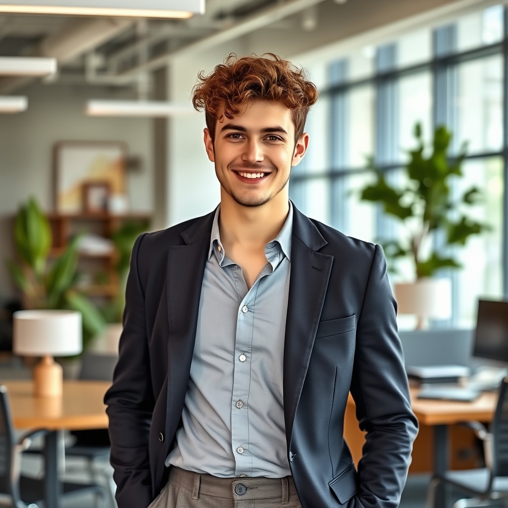A 22-year-old man with curly hair, dressed in a stylish office outfit