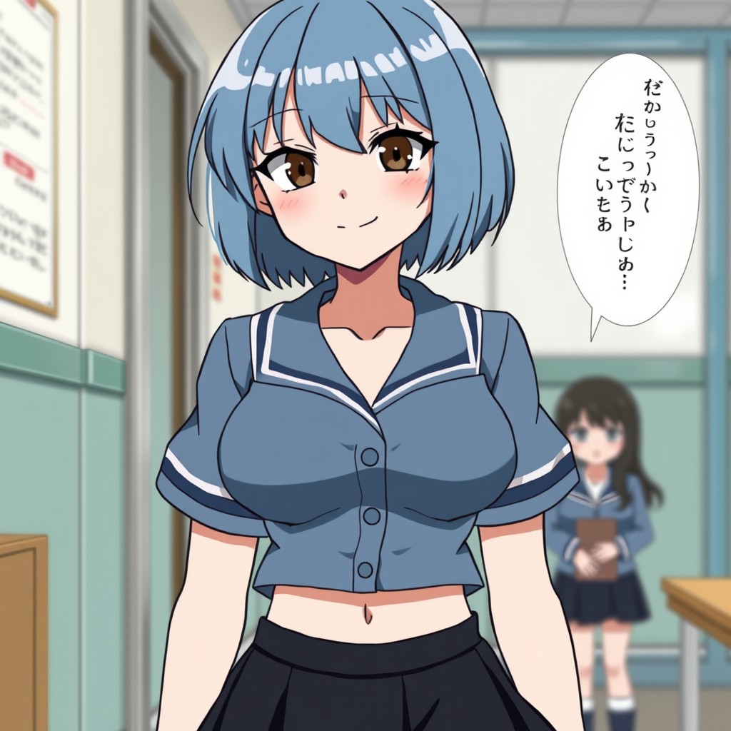 An anime-style illustration featuring a girl with a mature, curvy figure and large chest, around 150 cm tall