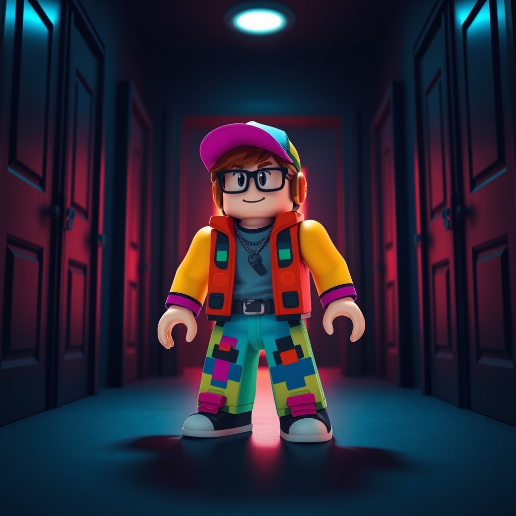 A Roblox character inside the game environment of Roblox Doors, showcasing the distinct, blocky art style of Roblox