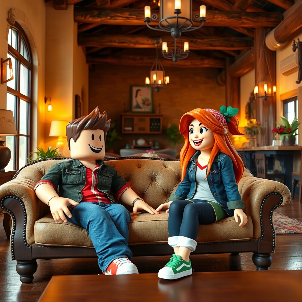 A Roblox character, dressed in casual clothing, is sitting on a vintage-style couch inside a rustic hotel lobby, smiling and enjoying his time
