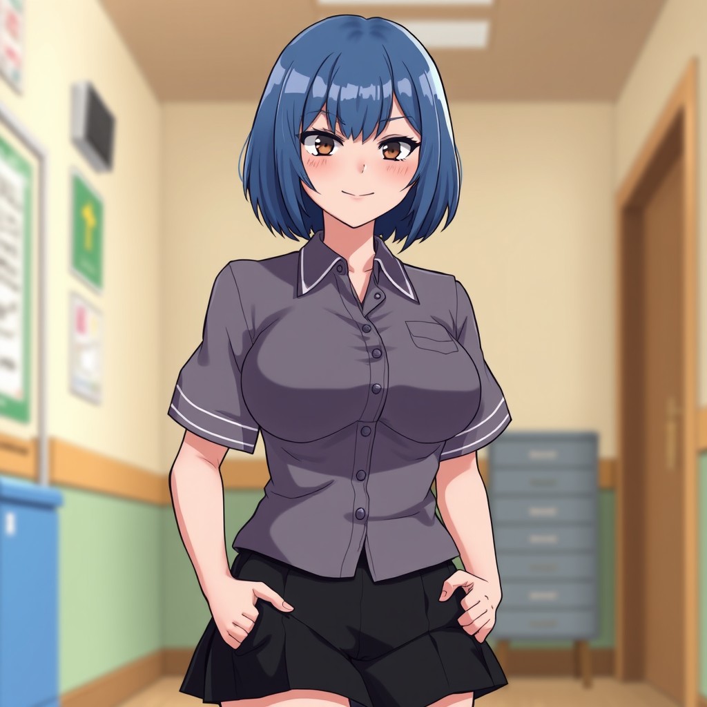 Anime style illustration featuring a confident girl with a mature, curvy figure and large chest, approximately 150 cm tall