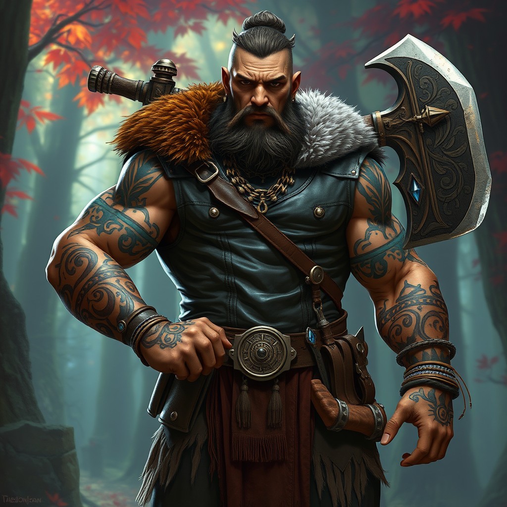 An unconventional Dungeons and Dragons Goliath barbarian, showcasing a unique blend of tribal tattoos and modern fashion elements