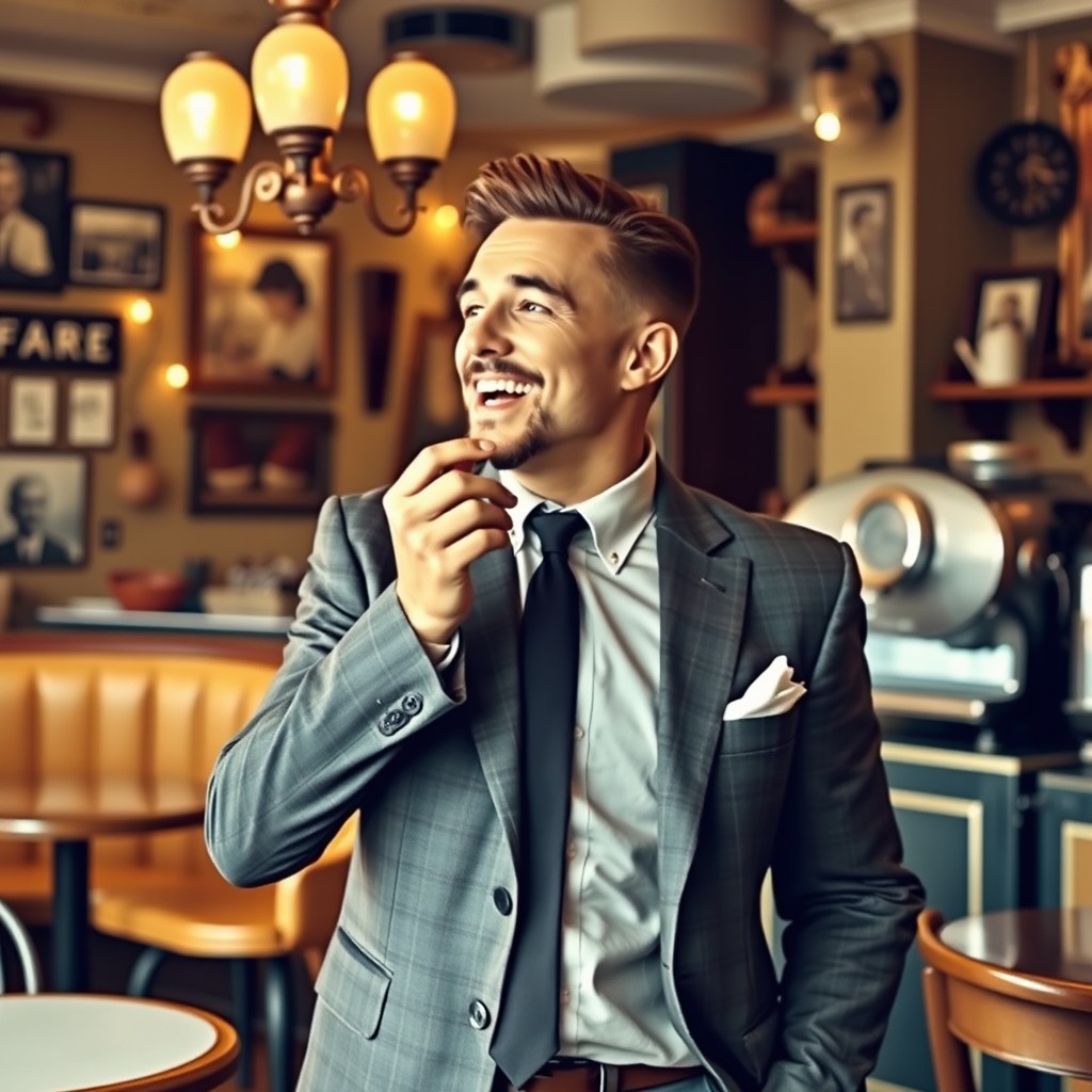 A man in a stylish suit and tie, casually whistling a melody with a cheerful expression