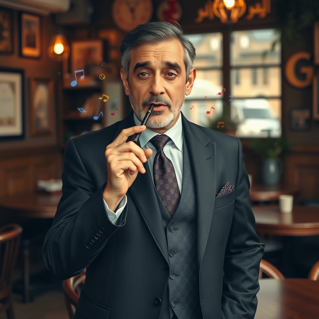 A handsome middle-aged Iranian man in a sharp suit and tie, confidently whistling without any equipment or hands, solely using his lips