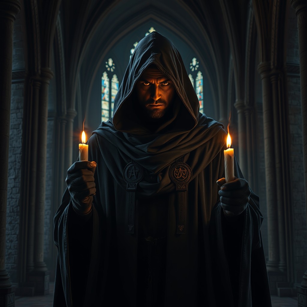 A mysterious and formidable Inquisitor cloaked in dark, flowing robes, standing in the shadows of an ancient, dimly lit cathedral