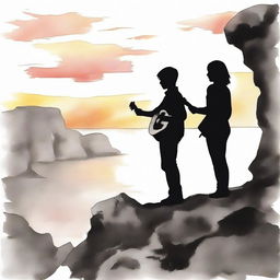 Using aquarel technique, portray a standing boy with a guitar observing a side-profile girl on a rocky cliff during sunset. The image transitions from vibrant color to black and white.