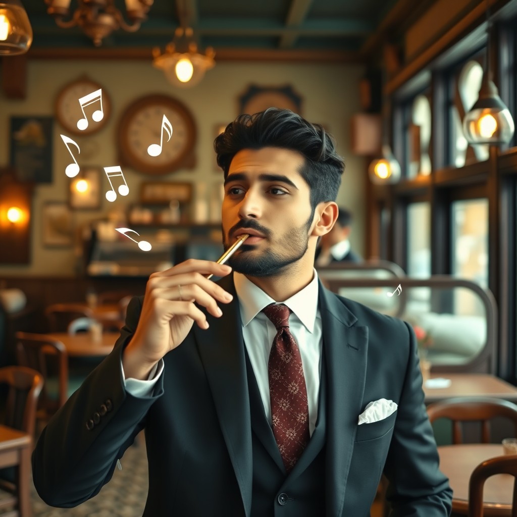 A handsome Iranian man in a tailored suit and tie, confidently whistling without any musical instrument